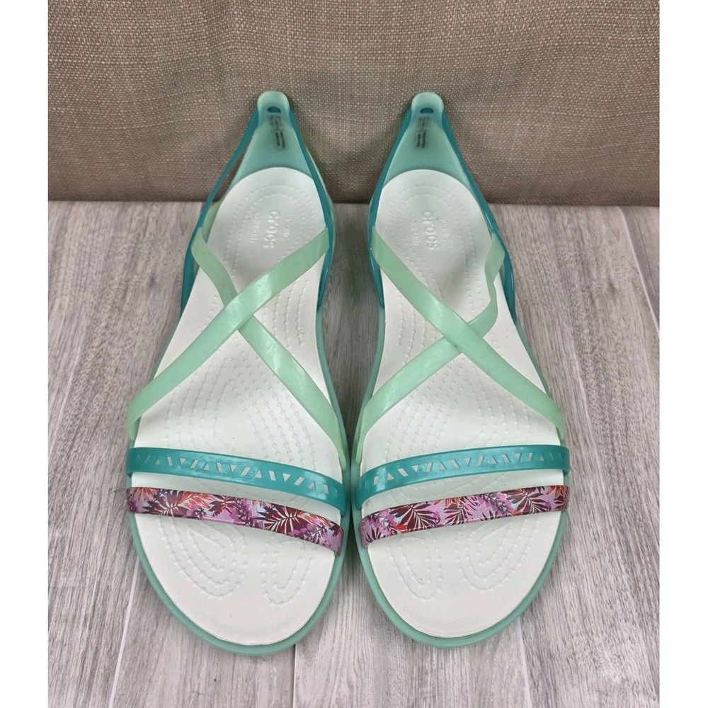 Crocs Iconic Isabella Strappy Womens 8 Mint Green Floral T-Strap Jelly Sandals